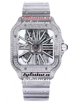Santos De Cartier Watch in Skeleton Dial - Diamonds Bezel in Steel Casing Swiss Replica