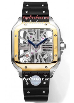 Santos De Cartier Watch in Skeleton Dial - Two Tone Bezel in Rubber Strap 
