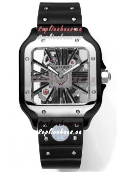 Santos De Cartier Watch in Skeleton Dial - DLC Coated Casing & Steel Strap in Rubber Strap