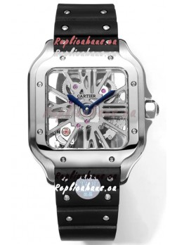 Santos De Cartier Watch in Skeleton Dial - Stainless Steel Casing & Bezel Black Rubber Strap