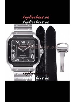 Cartier "Santos De Cartier" Mens XL 1:1 Mirror Replica Watch in Stainless Steel Casing - Black Bezel