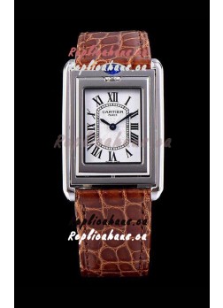 Cartier Tank Reversible Swiss Quartz Replica Watch in Steel Casing - Brown Strap