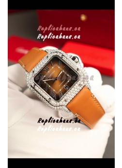 Santos De Cartier Watch in Brown Dial 39.50MM MOSSANITES Paved Bezel Swiss Replica Watch