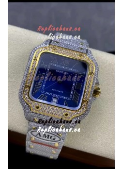 Cartier "Santos De Cartier" Two Tone Blue Dial 1:1 Mirror Replica - 40MM - Genuine Diamonds
