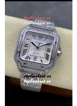 Cartier "Santos De Cartier" 904L Steel White Dial 1:1 Mirror Replica - 40MM - Genuine Diamonds