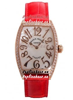 Franck Muller Cintree Curvex Mother of Pearl Dial Watch in Rose Gold Plating - Red Strap 