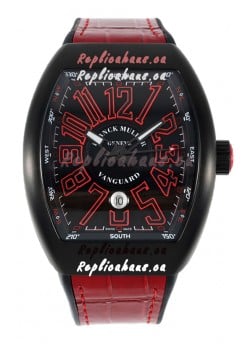Franck Muller Vanguard in DLC Coated Casing Black Dial Swiss Replica Red Strap 