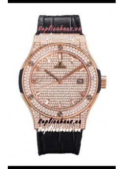 Hublot Classic Fusion Automatic Rose Gold Diamonds Paved Dial Grey Strap 42MM Superclone Replica Watch 