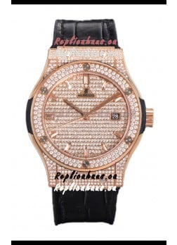 Hublot Classic Fusion Automatic Rose Gold Diamonds Paved Dial Black Strap 42MM Superclone Replica Watch 