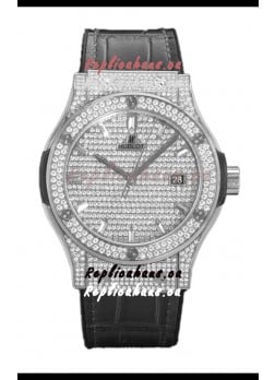 Hublot Classic Fusion Automatic Steel Diamonds Paved Dial Grey Strap 42MM Superclone Replica Watch 