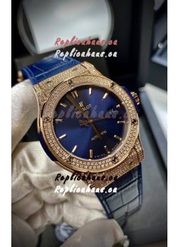 Hublot Classic Fusion Diamonds Rose Gold Steel Blue Dial Swiss Replica Watch 1:1 Mirror Quality
