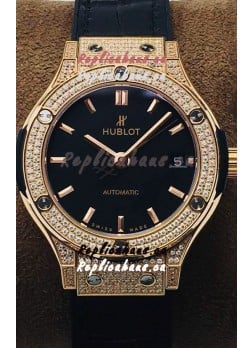 Hublot Classic Fusion Diamonds Rose Gold Black Dial 38MM Swiss Replica Watch 1:1 Mirror Quality