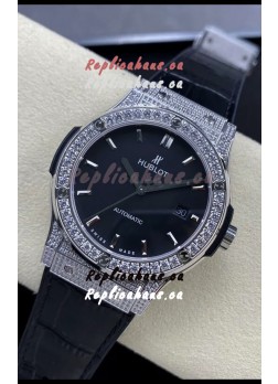 Hublot Classic Fusion Stainless Steel Diamonds Black Dial Swiss Replica Watch 1:1 Mirror Quality