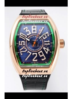 Franck Muller Vanguard Crazy Hours in Rose Gold Plating - Steel Blue Dial Swiss Replica Watch 