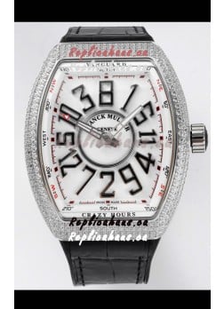 Franck Muller Vanguard Crazy Hours in Stainless Steel Diamonds - White Dial Swiss Replica Watch 