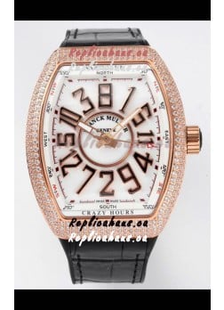 Franck Muller Vanguard Crazy Hours Rose Gold Diamonds - White Dial Swiss Replica Watch 
