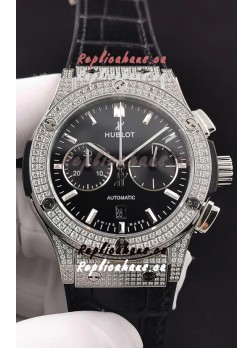 Hublot Classic Fusion Chronograph Steel Diamonds Casing Black Dial 1:1 Mirror Replica Watch 