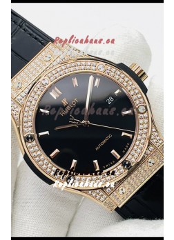 Hublot Classic Fusion Diamonds Rose Gold Black Dial Swiss Replica Watch 1:1 Mirror Quality 