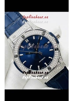 Hublot Classic Fusion Stainless Steel Diamonds Blue Dial Swiss Replica Watch 1:1 Mirror Quality 
