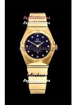 Omega Constellation Ladies Swiss Quartz 1:1 Mirror Replica - Yellow Gold Casing in Black Starry Dial 