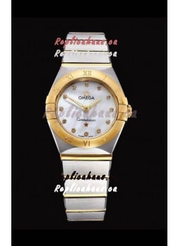 Omega Constellation Ladies Swiss Quartz 1:1 Mirror Replica - Two Tone Casing in White Pearl Dial