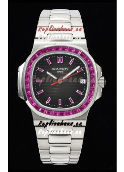 Patek Philippe Nautilus 5711 Black Dial 1:1 Mirror Replica in 904L Steel with Rubies Bezel