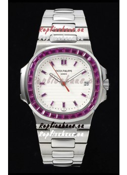 Patek Philippe Nautilus 5711 White Dial 1:1 Mirror Replica in 904L Steel with Rubies Bezel