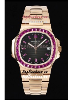 Patek Philippe Nautilus 5711 Black Dial 1:1 Mirror Replica in Rose Gold 904L Steel with Rubies Bezel