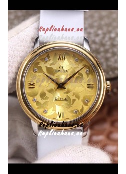 Omega De Ville Floral Dial Swiss Quartz Movement in Two Tone Casing - Gold Dial