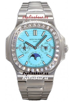Patek Philippe Nautilus 5740 Perpetual Calendar White Gold Tiffany Dial Diamonds Bezel Swiss Replica Watch 