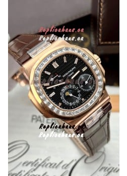 Patek Philippe Nautilus 5712R 1:1 Quality Swiss Replica Watch in Black Dial Brown Strap