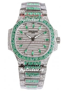 Patek Philippe Nautilus 7118R 35MM 1:1 Green Diamonds Paved Watch in Steel Casing 