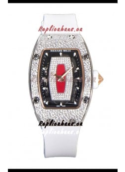Richard Mille RM007 Diamonds Paved White Strap Red Dial 904L Steel Superclone Swiss Watch