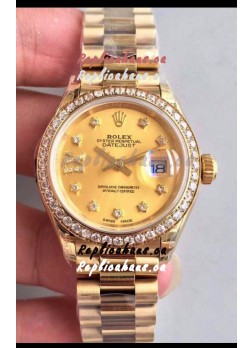 Rolex Datejust Ladies 28MM Cal.3135 Movement Swiss Replica in Gold Dial - 904L Steel Yellow Gold Case