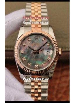 Rolex Datejust 36MM Cal.3135 Movement Swiss Replica Watch in 904L Steel Two Tone Casing Pearl Dial