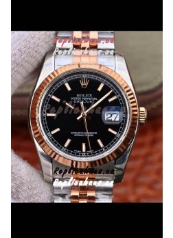 Rolex Datejust 36MM Cal.3135 Movement Swiss Replica Watch in 904L Steel Two Tone Casing Black Dial