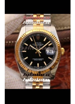 Rolex Datejust 36MM Cal.3135 Movement Swiss Replica Watch in 904L Steel Two Tone Casing Black Dial