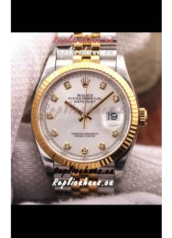 Rolex Datejust 36MM Cal.3135 Movement Swiss Replica Watch in 904L Steel Two Tone Casing Silver Dial