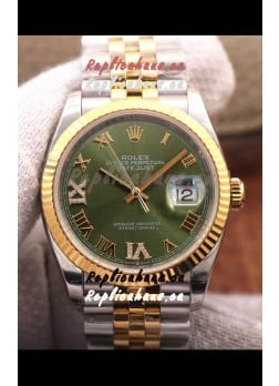 Rolex Datejust 36MM Cal.3135 Movement Swiss Replica Watch in 904L Steel Two Tone Casing Green Dial