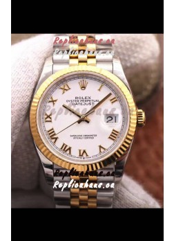 Rolex Datejust 36MM Cal.3135 Movement Swiss Replica Watch in 904L Steel Two Tone Casing White Dial