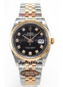 Rolex Super Clone Datejust ETA 3235 Movement 36MM Two Tone Rose Gold Swiss Black Dial Watch