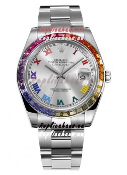 Rolex Datejust 41MM Swiss Replica Watch - 904L Steel in Rainbow Bezel 