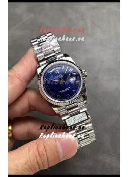 Rolex Day Date Super Clone Stainless Steel Blue Dial Small Roman Numerals Watch 36MM - 1:1 Mirror Quality