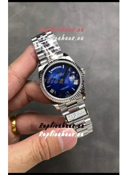 Rolex Day Date Super Clone Stainless Steel Blue Dial Large Roman Numerals Watch 36MM - 1:1 Mirror Quality
