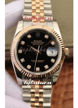 Rolex Datejust 36MM ETA-3135 Movement Swiss Replica in 904L Two Tone Black Dial
