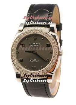 Rolex Cellini Cestello Ladies Swiss Watch in Matte Black Face Diamonds Bezel and Lugs
