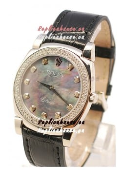 Rolex Cellini Cestello Ladies Swiss Watch in Black Pearl Face Diamonds Markers