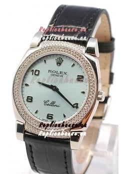 Rolex Cellini Cestello Ladies Swiss Watch in Blue Face Black Leather Strap Diamonds Bezel 