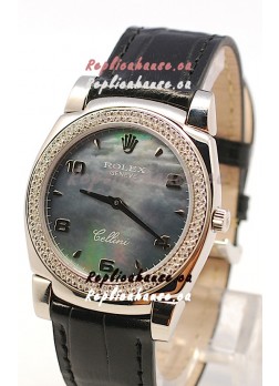 Rolex Cellini Cestello Ladies Swiss Watch in Black Pearl Face Diamonds Bezel 