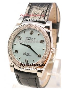 Rolex Cellini Cestello Ladies Swiss Watch in Blue Face Black Leather Strap Diamonds Bezel 